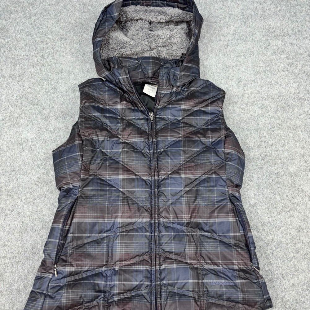 Patagonia Puffer Vest Womens Small Blue Plaid Hooded Goose Down Insulated Gilet